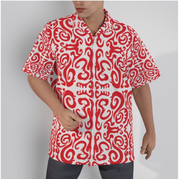 Red White Swirls All-Over Print Men's Hawaiian Shirt With Button Closure