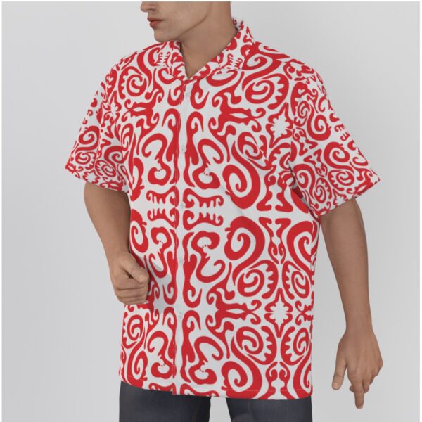 Red White Swirls All-Over Print Men's Hawaiian Shirt With Button Closure - Image 2